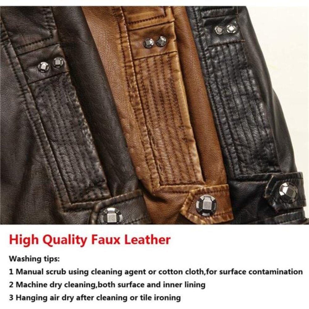 Men's Vintage Stand Collar Leather Jacket Motorcycle PU Jacket and Coat - Picture 11 of 12